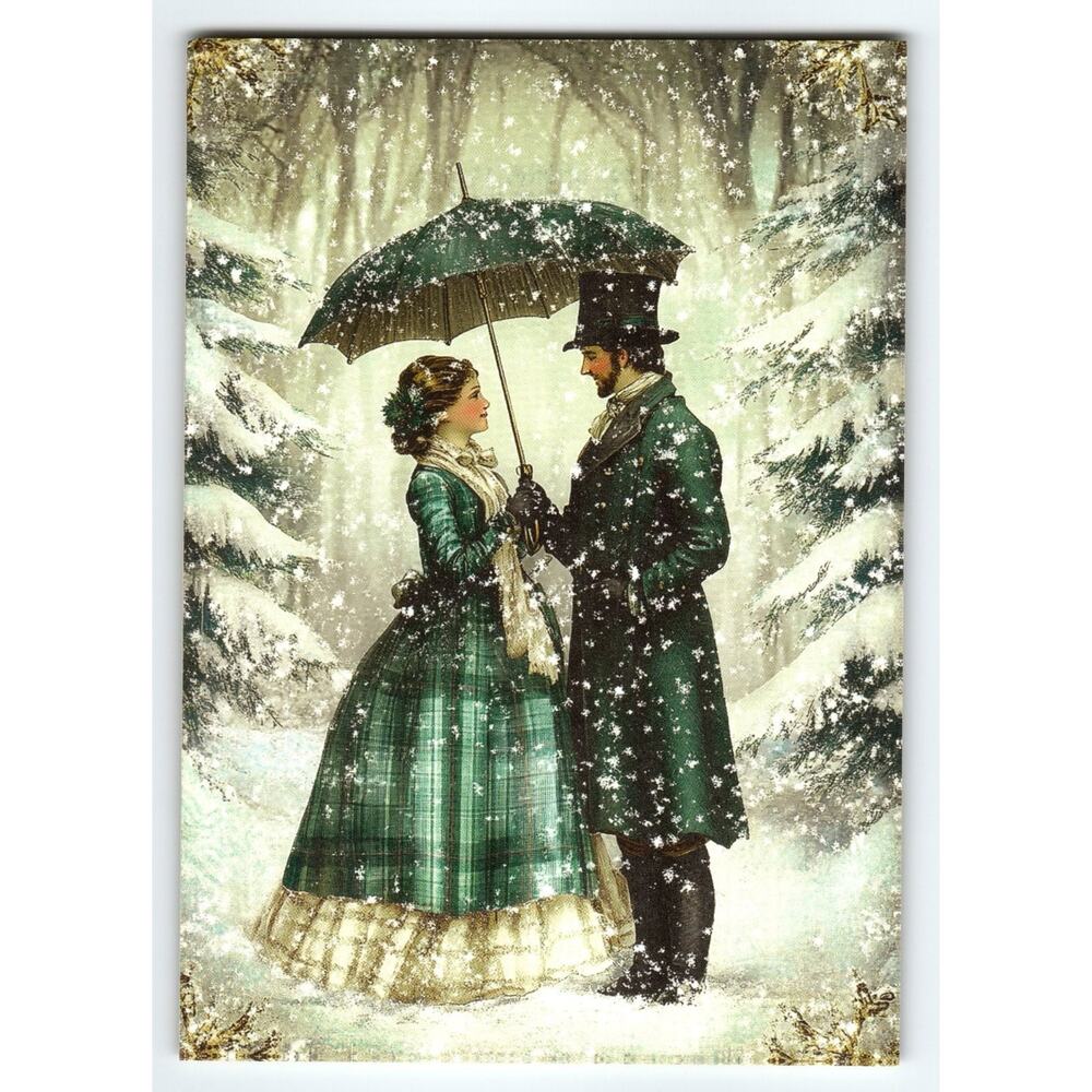 Vintage Victorian Christmas Couple Snowy Scene Lithograph Postcard